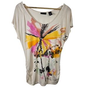 NEW YORK & COMPANY Women's‎ Cream Abstract Floral Art Dolman Sleeve Tunic Top XL
